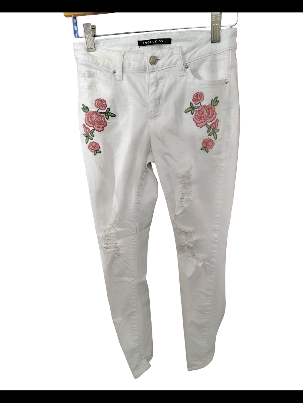 Angel Kiss White Skinny Jeans with Pink Rose Embroidery Y2K